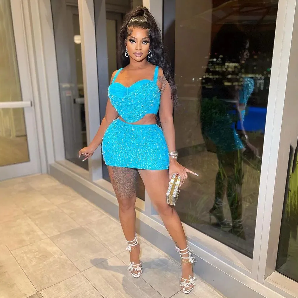 Diamond Mesh 2 Piece Women Crop Top  Mini Skirt outfit set*