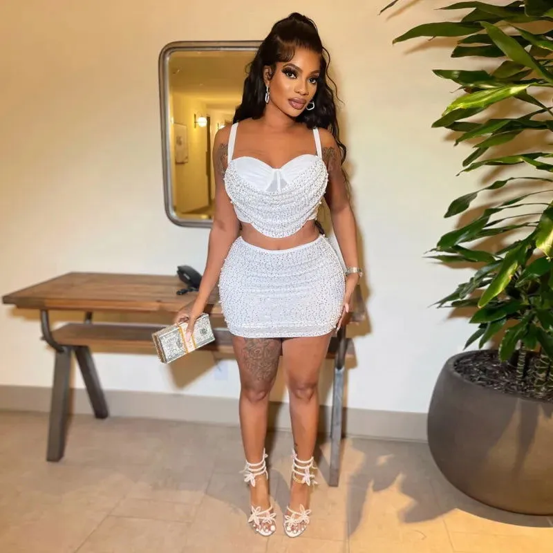 Diamond Mesh 2 Piece Women Crop Top  Mini Skirt outfit set*
