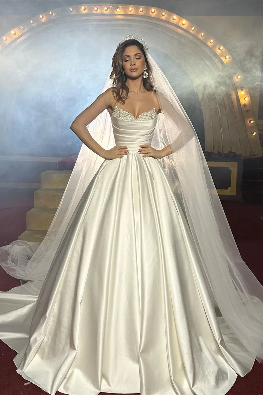 Elegant FloorLength Sleeveless A Line Satin Wedding Dress With Beads