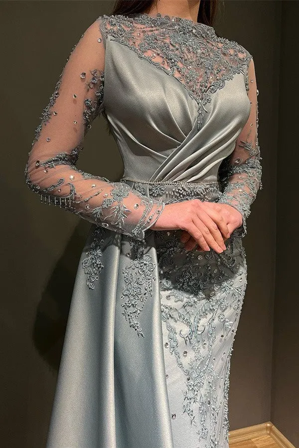 Elegant Long Mermaid Jewel Satin Appliques Lace Beading Prom Dress with Sleeves