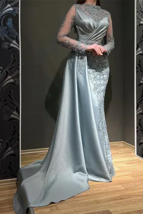 Elegant Long Mermaid Jewel Satin Appliques Lace Beading Prom Dress with Sleeves