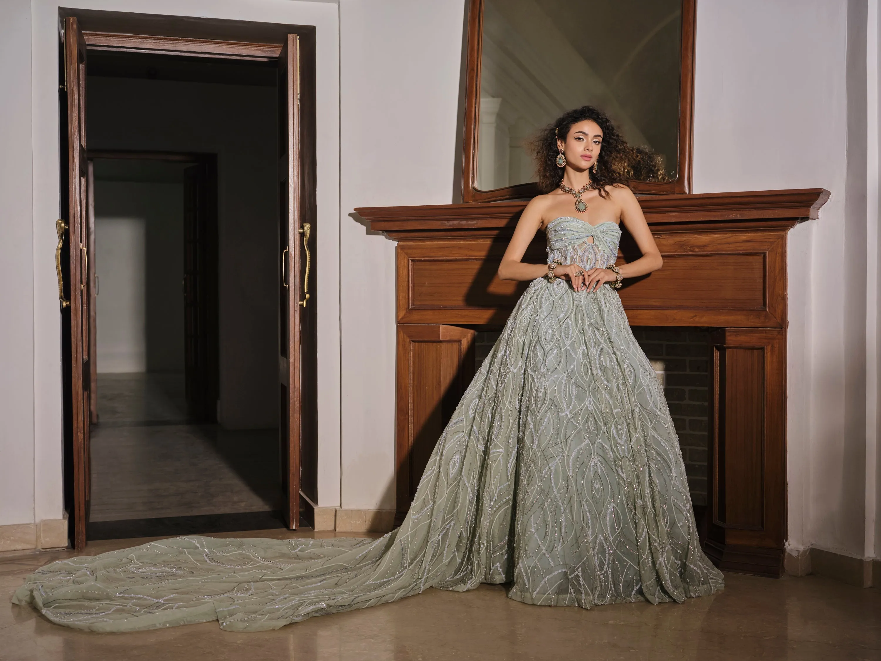 Embroidered Ball Gown With Cape