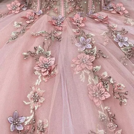 Enza | Pink Tulle Appliques Strapless Quinceanera Dresses