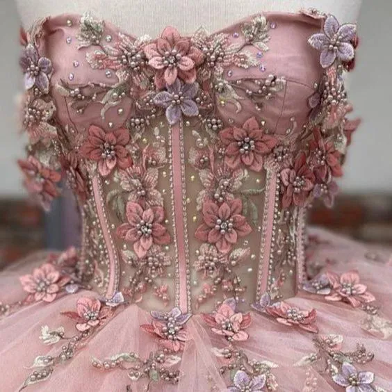 Enza | Pink Tulle Appliques Strapless Quinceanera Dresses