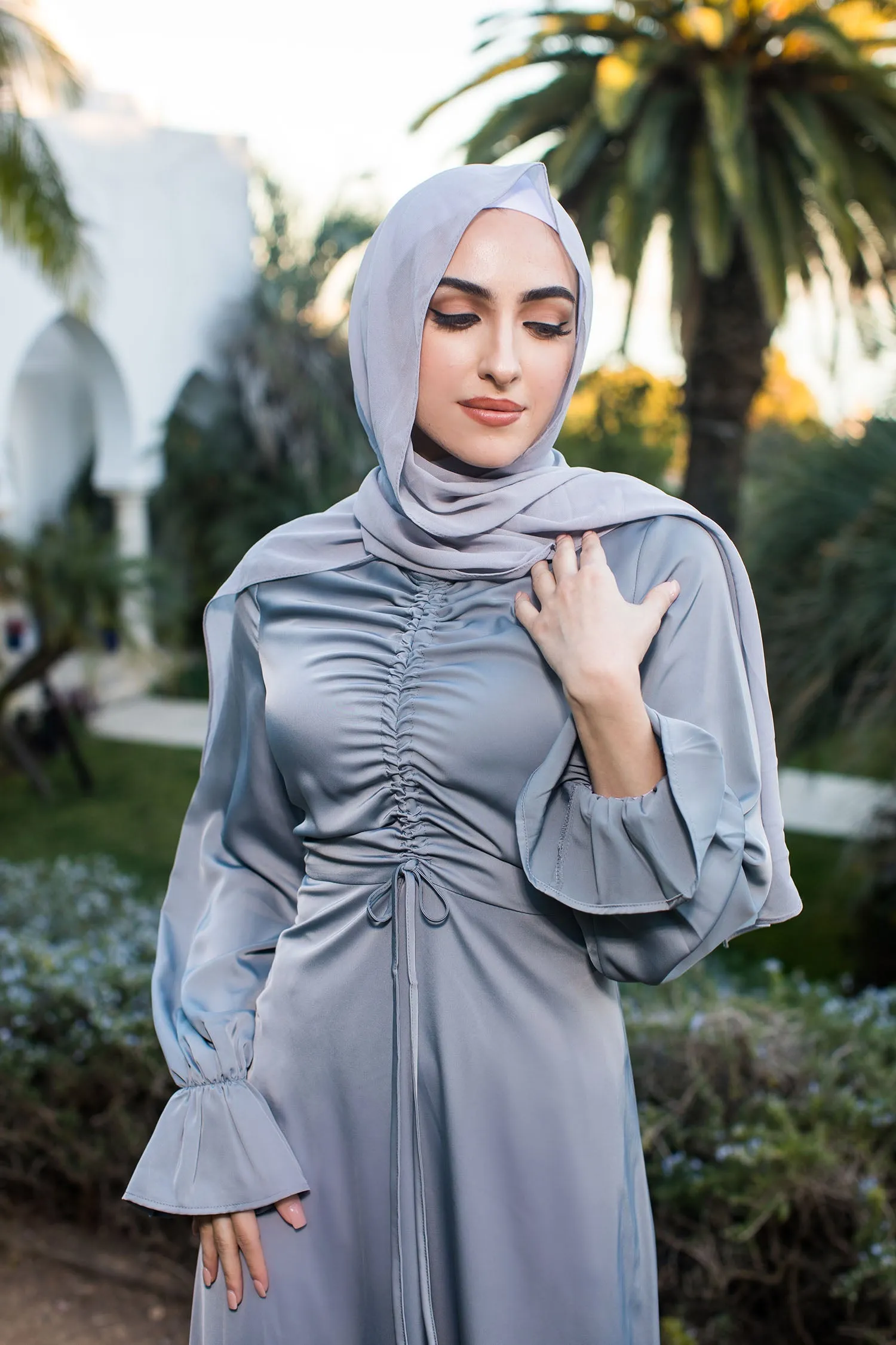 Evie Ruched Satin Dress- Mint Gray