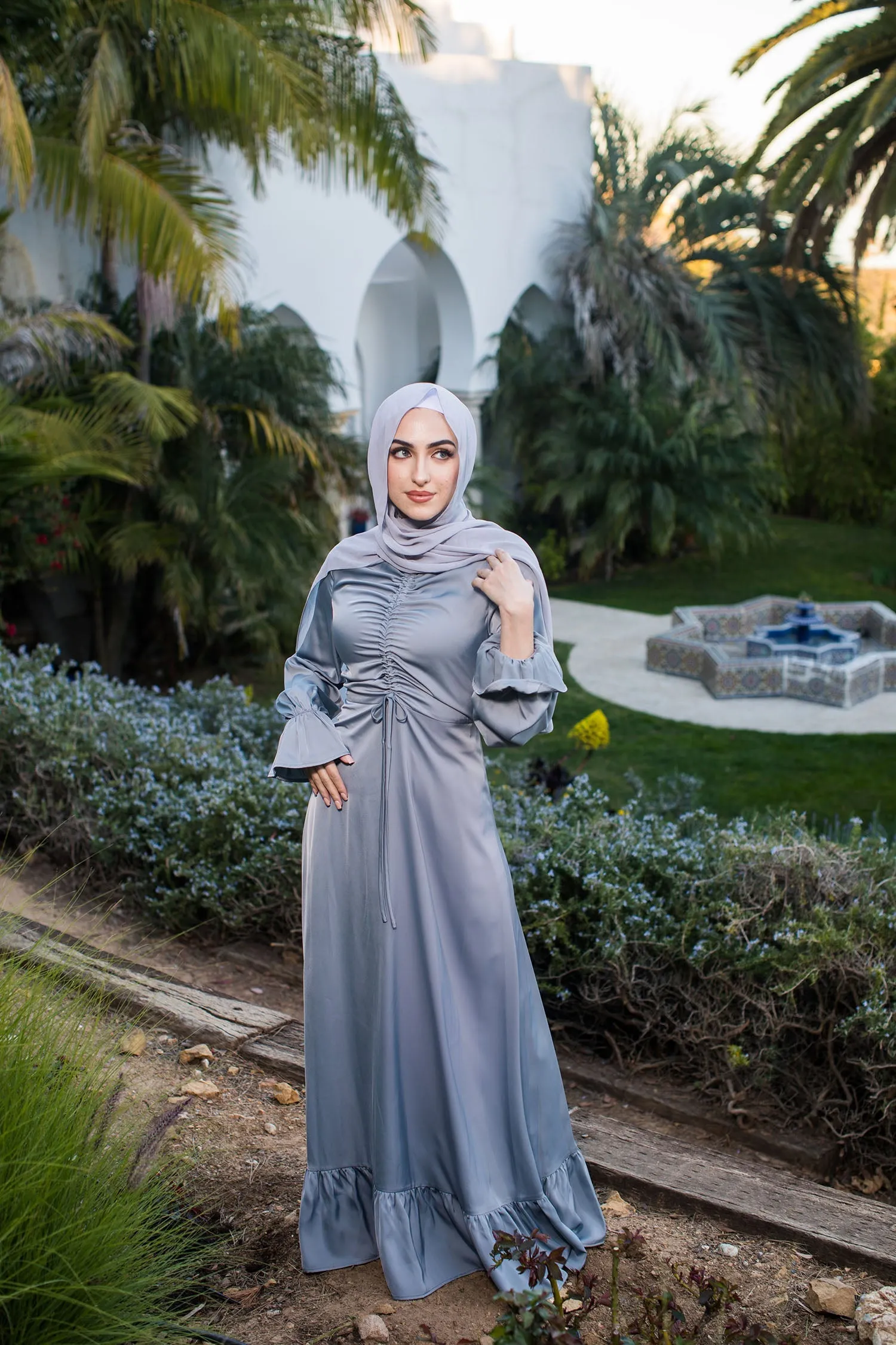 Evie Ruched Satin Dress- Mint Gray
