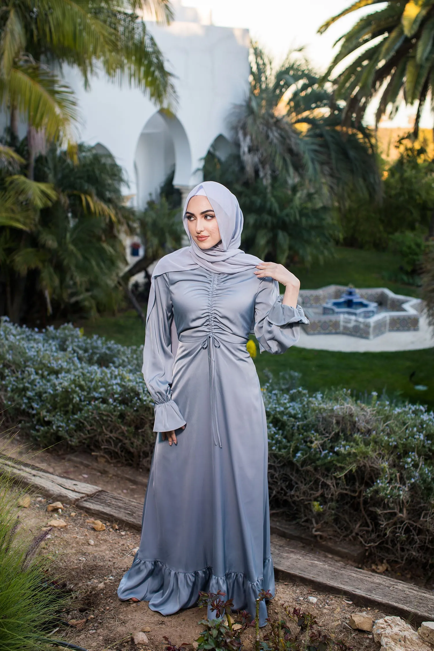 Evie Ruched Satin Dress- Mint Gray
