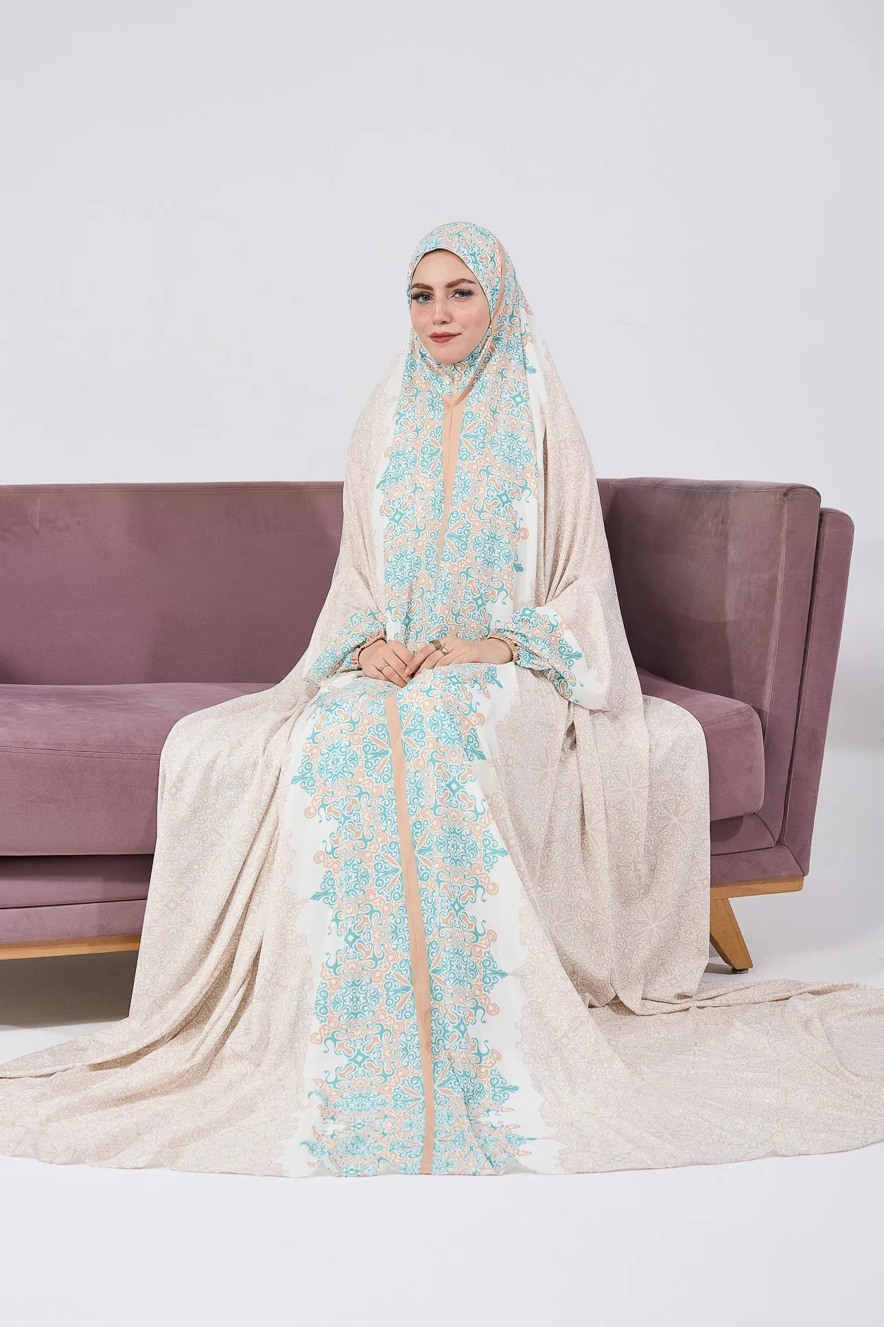 Fadwa Luxurious Satin Home Prayer Gown in Intricate Floral Print