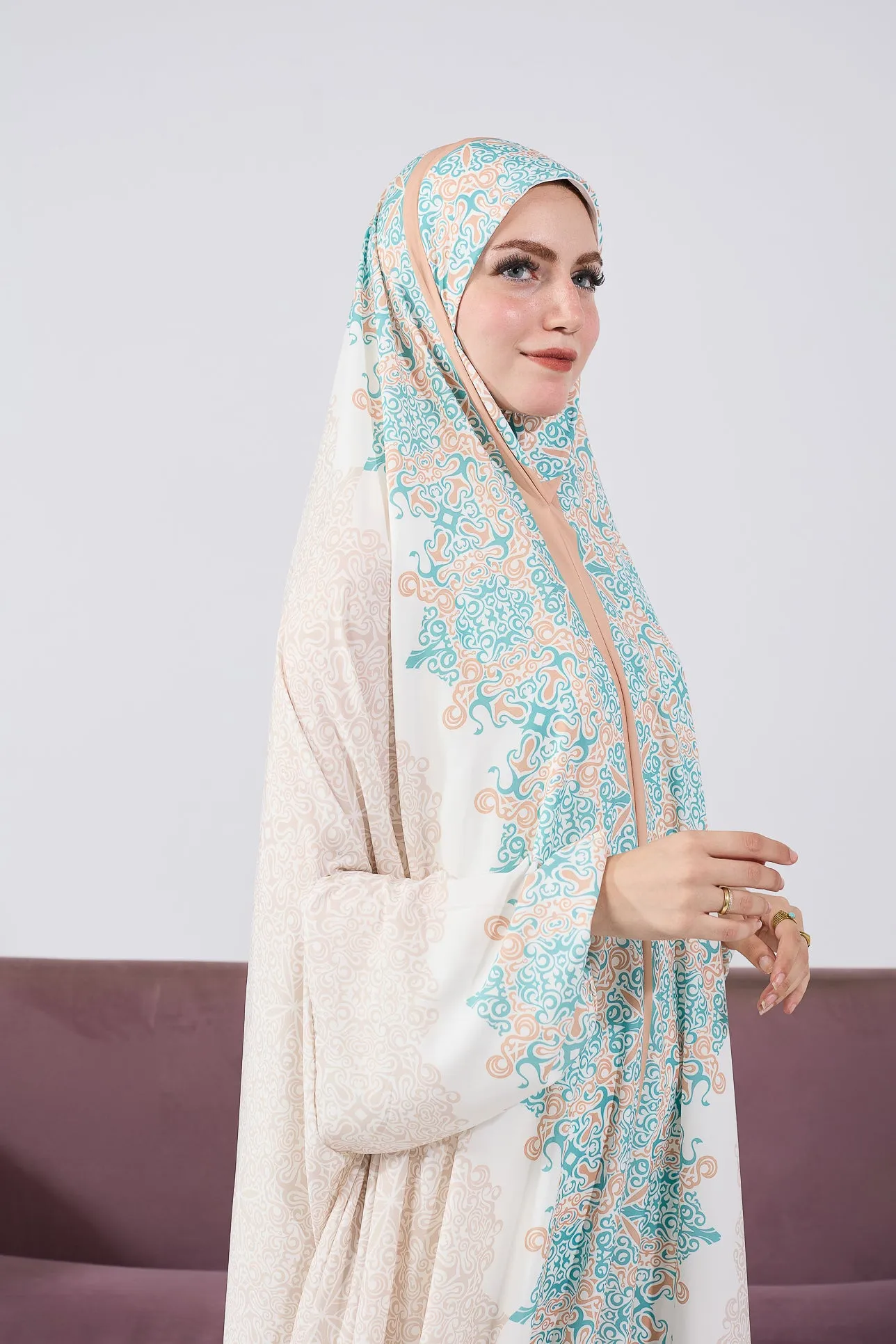 Fadwa Luxurious Satin Home Prayer Gown in Intricate Floral Print