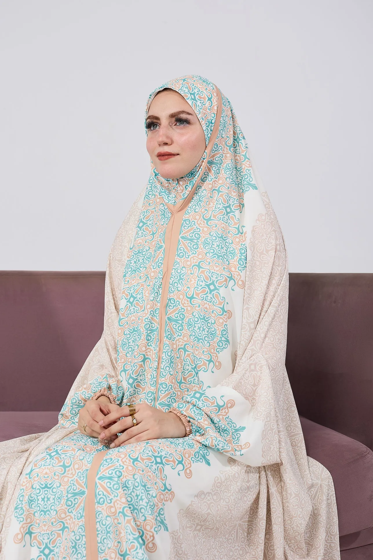 Fadwa Luxurious Satin Home Prayer Gown in Intricate Floral Print