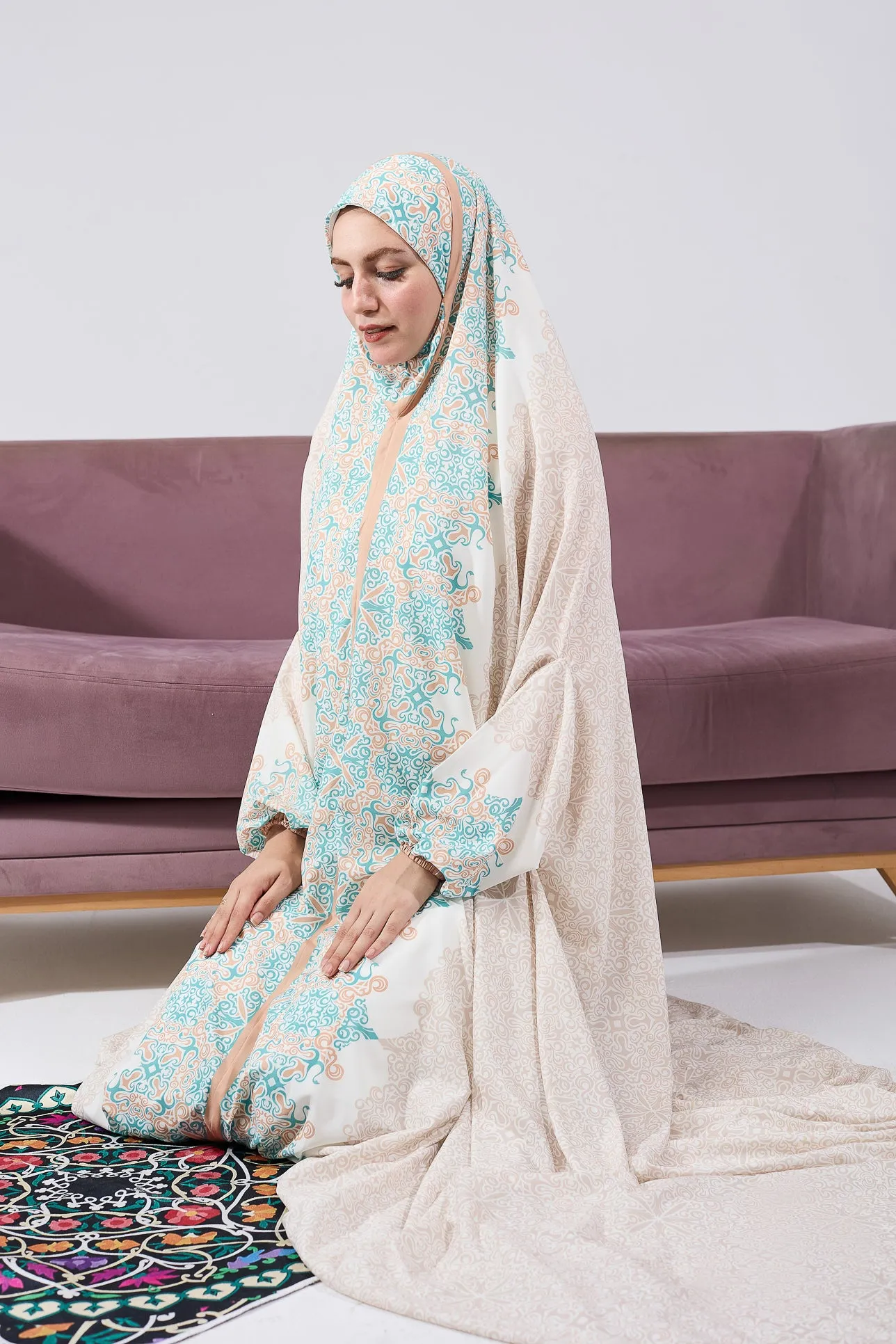 Fadwa Luxurious Satin Home Prayer Gown in Intricate Floral Print