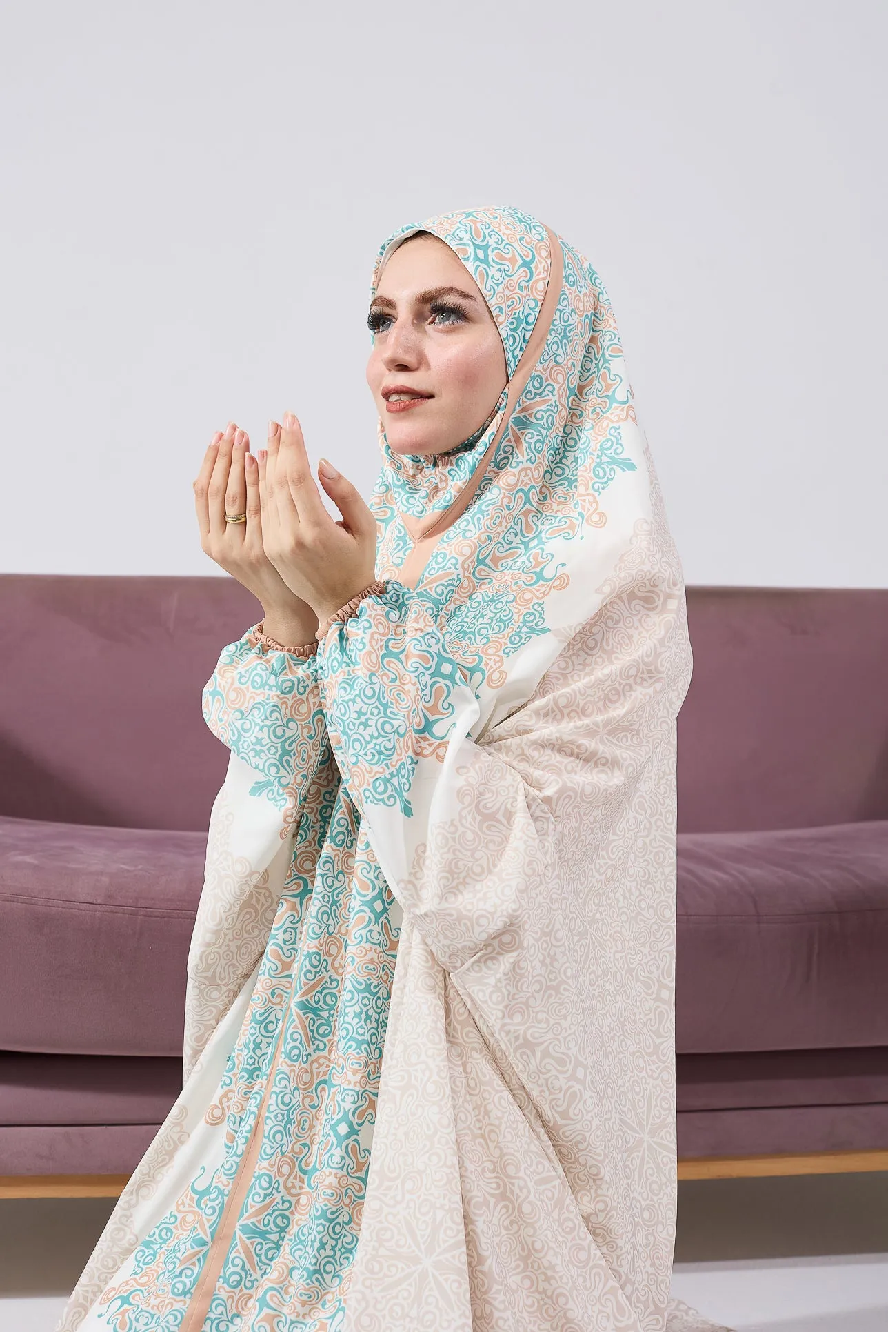 Fadwa Luxurious Satin Home Prayer Gown in Intricate Floral Print