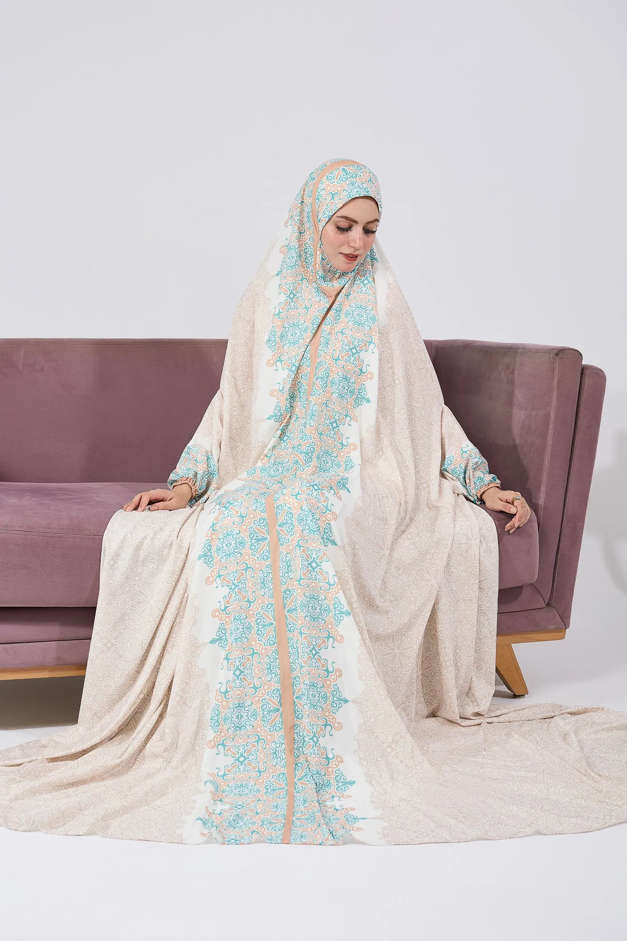 Fadwa Luxurious Satin Home Prayer Gown in Intricate Floral Print