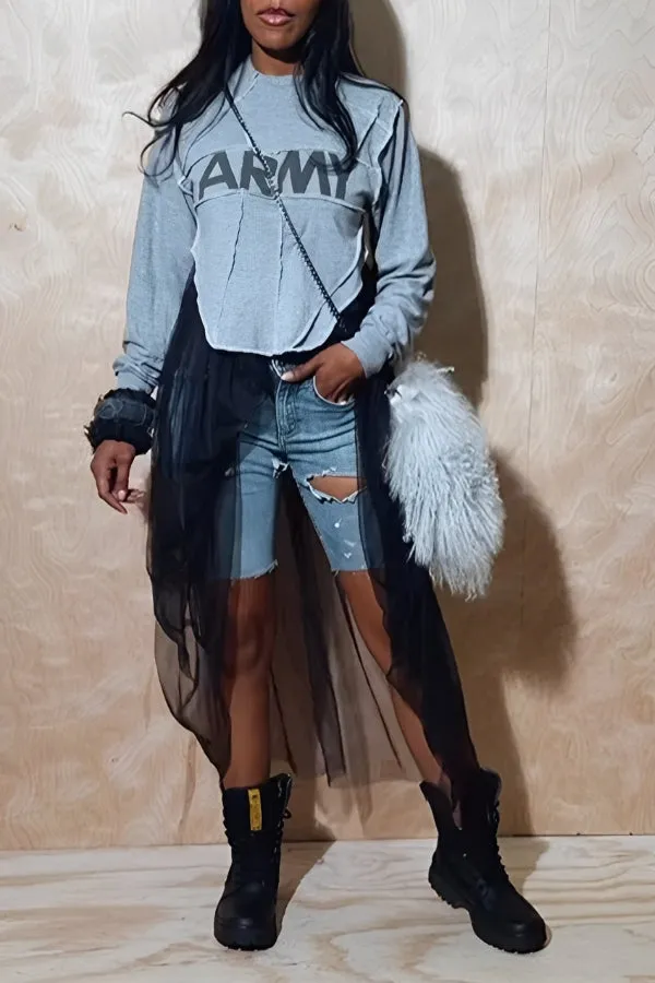 Fashionable Letter Print Stitching Mesh Sweatshirt