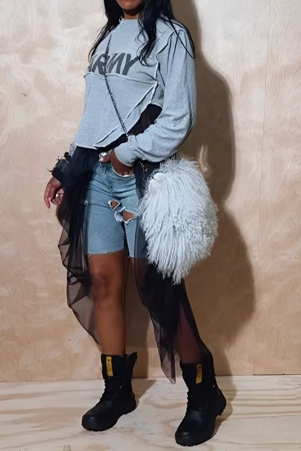 Fashionable Letter Print Stitching Mesh Sweatshirt