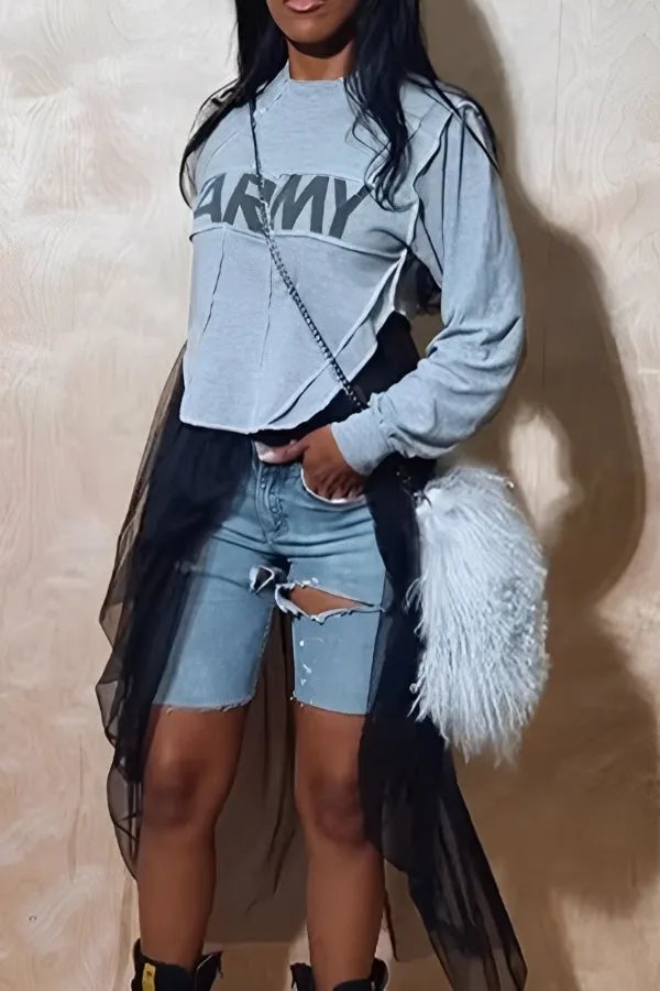 Fashionable Letter Print Stitching Mesh Sweatshirt
