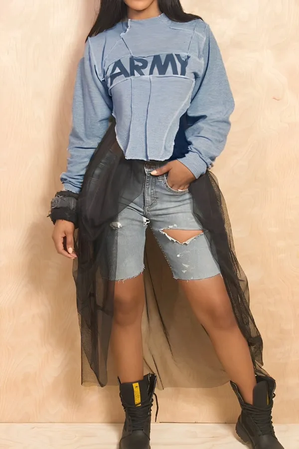 Fashionable Letter Print Stitching Mesh Sweatshirt