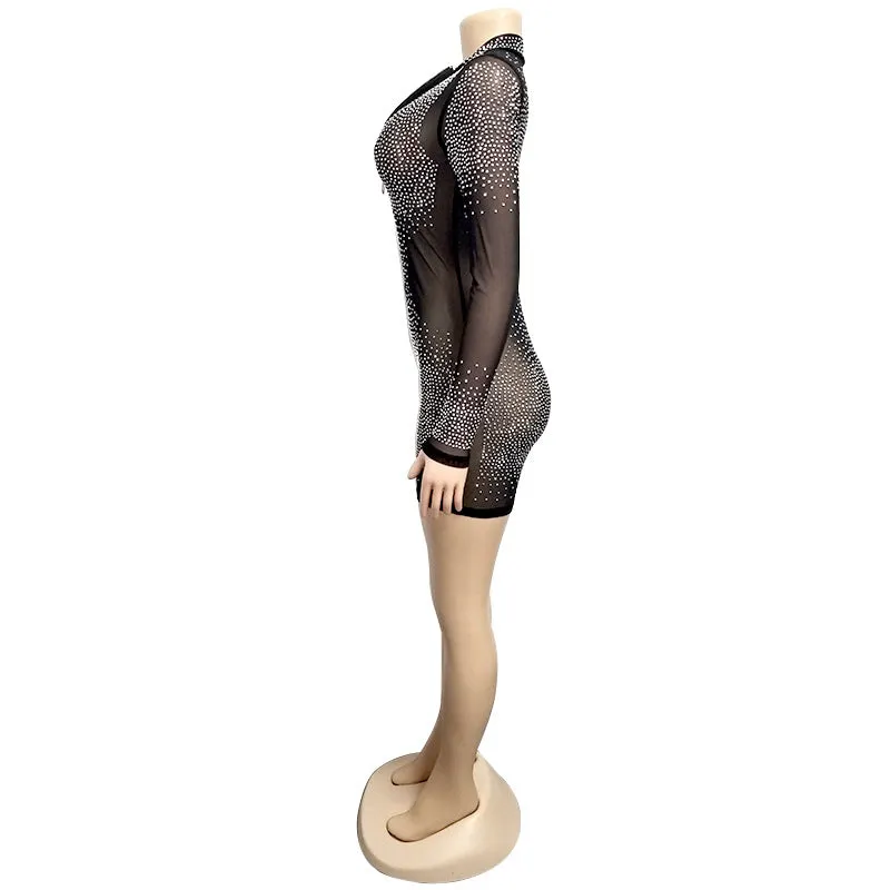 Fashionable Rhinestone Mesh Bodysuit with Long Sleeves