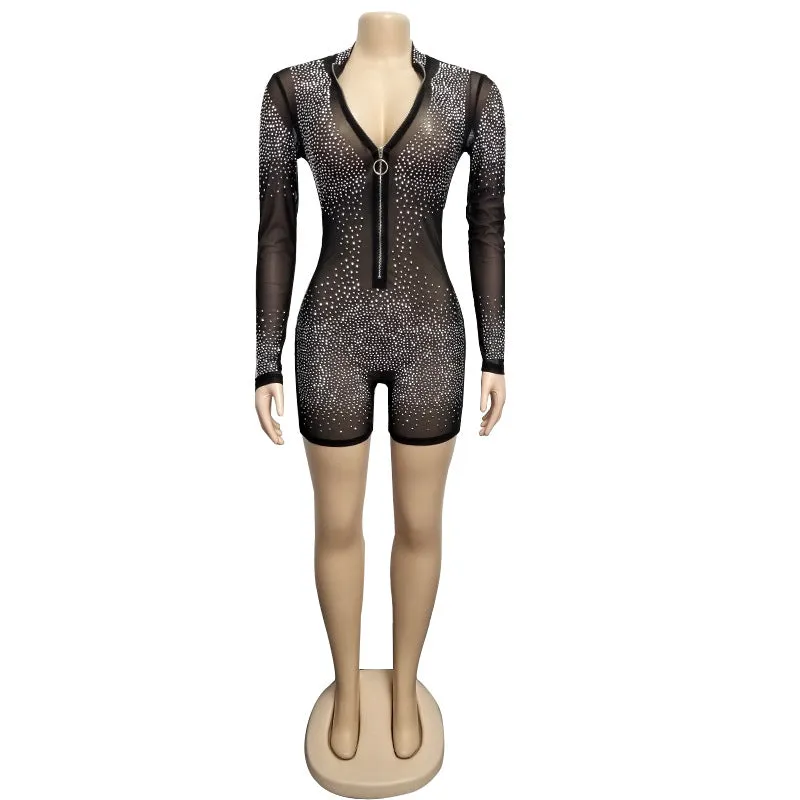 Fashionable Rhinestone Mesh Bodysuit with Long Sleeves