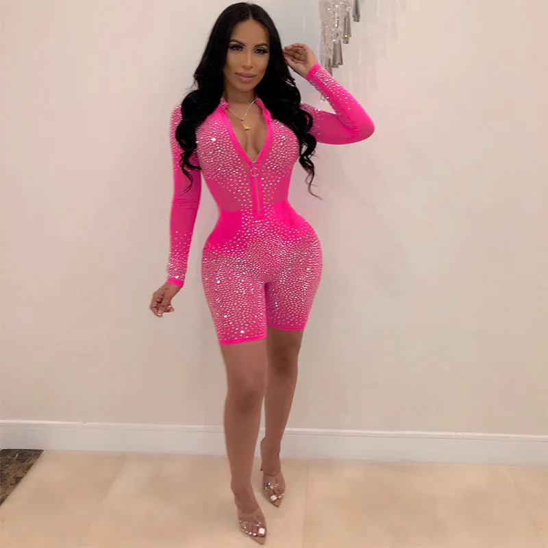 Fashionable Rhinestone Mesh Bodysuit with Long Sleeves