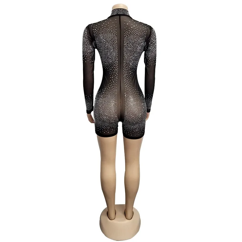 Fashionable Rhinestone Mesh Bodysuit with Long Sleeves