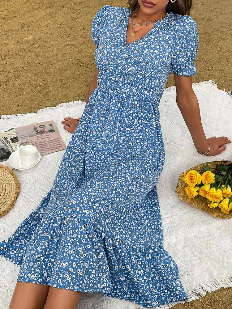 FashionSierra - 2024 Elegant Blue V Neck Casual Summer Beach Boho Dress