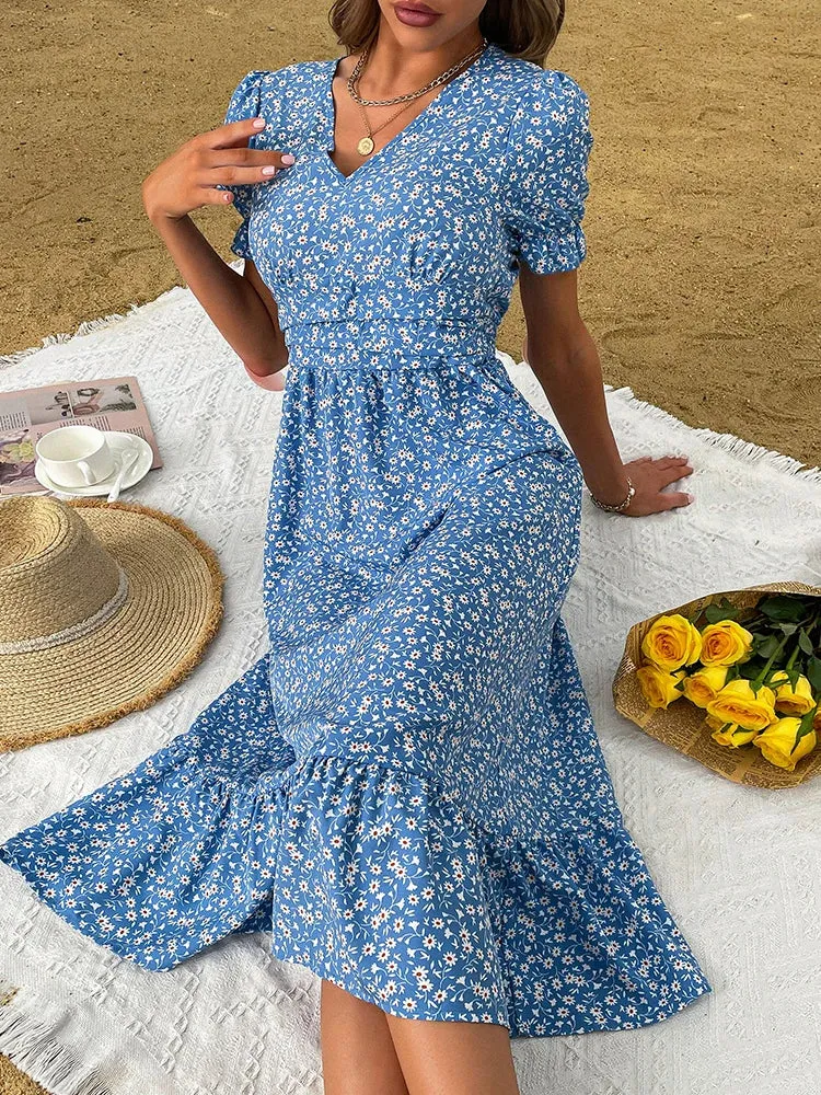 FashionSierra - 2024 Elegant Blue V Neck Casual Summer Beach Boho Dress