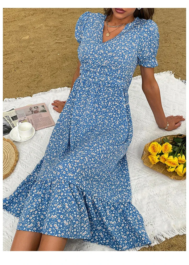 FashionSierra - 2024 Elegant Blue V Neck Casual Summer Beach Boho Dress