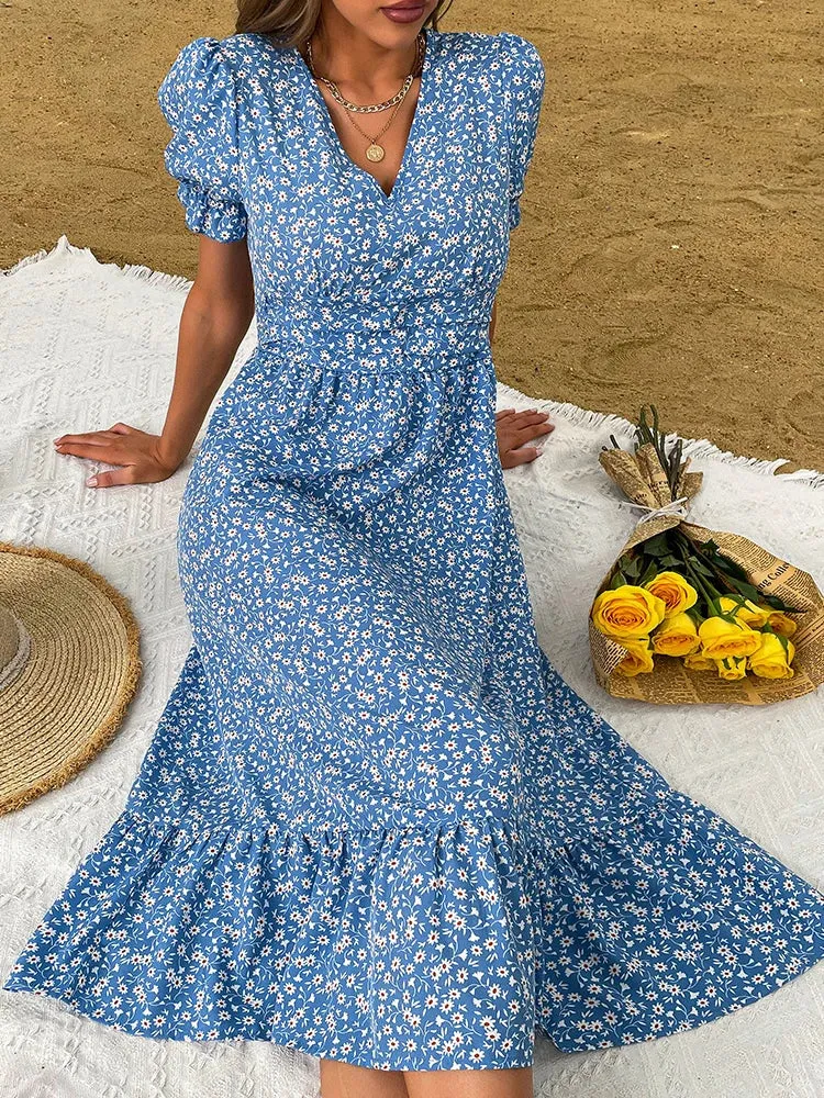 FashionSierra - 2024 Elegant Blue V Neck Casual Summer Beach Boho Dress
