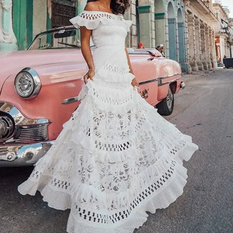FashionSierra - 2024 Elegant White Lace Off Shoulder Boho Dress