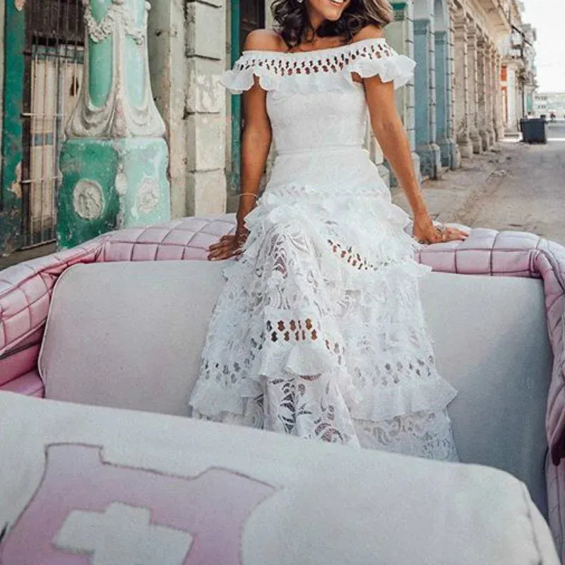 FashionSierra - 2024 Elegant White Lace Off Shoulder Boho Dress