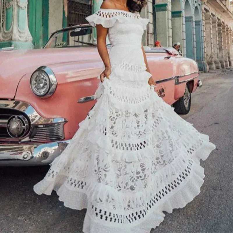 FashionSierra - 2024 Elegant White Lace Off Shoulder Boho Dress