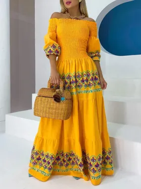 FashionSierra - 2024 Ethnic Printed Slash Neck Pleated Boho Dress