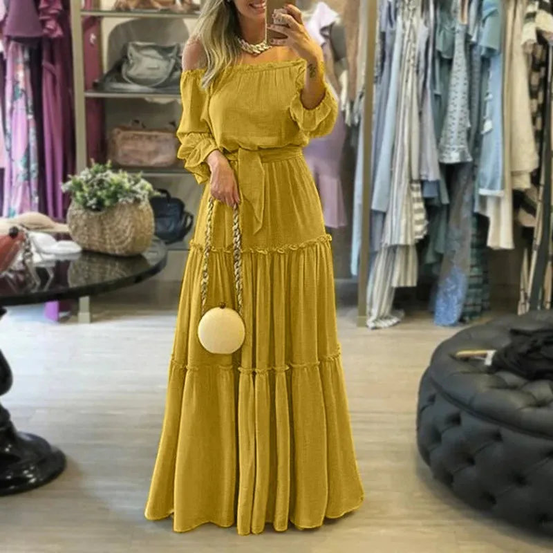 FashionSierra - 2024 Ethnic Printed Slash Neck Pleated Boho Dress