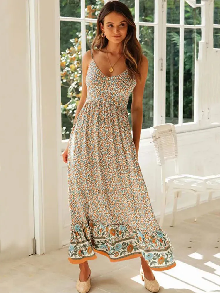FashionSierra - 2024 Floral Maxi Women Elegant Spaghetti Strap Boho Dress