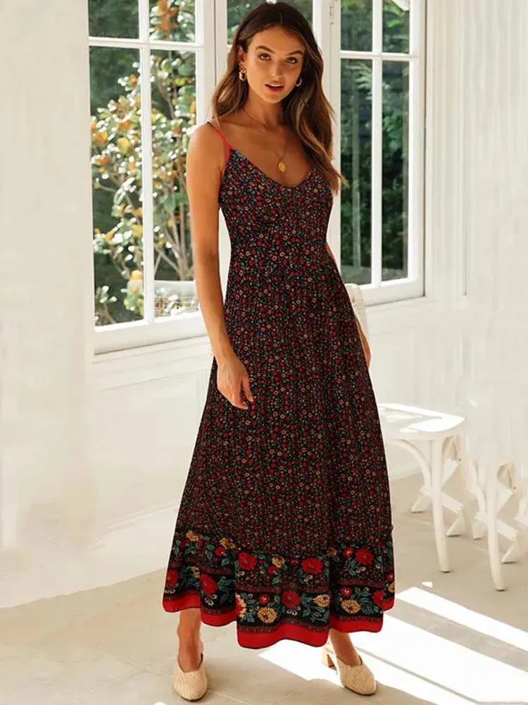 FashionSierra - 2024 Floral Maxi Women Elegant Spaghetti Strap Boho Dress