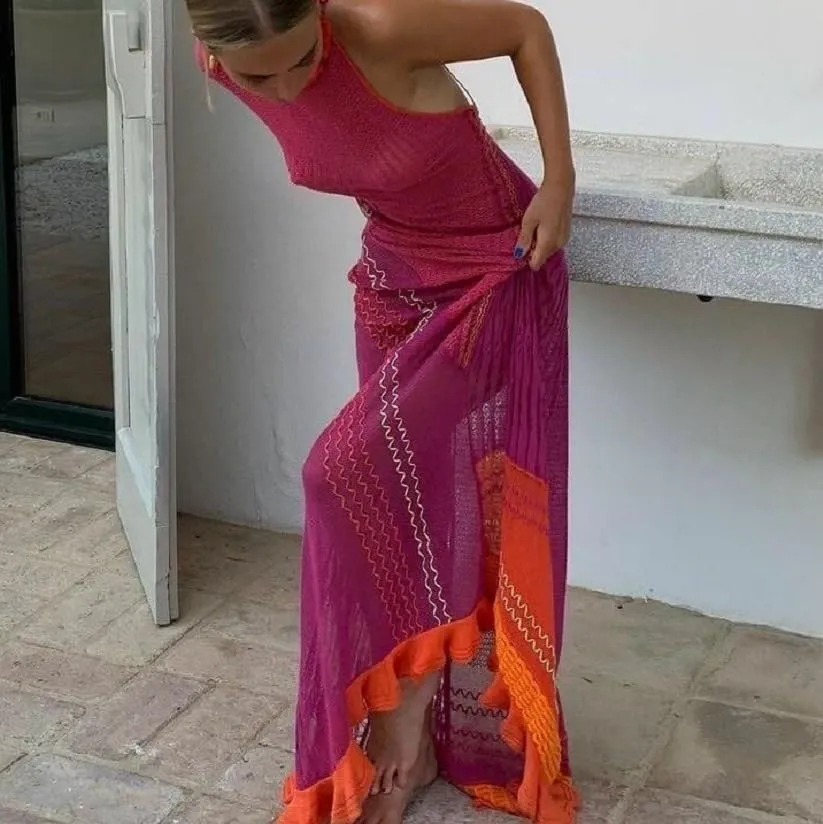 FashionSierra - 2024 Knitted Hollow Out Tassel Sexy Ruched Halter Boho Dress
