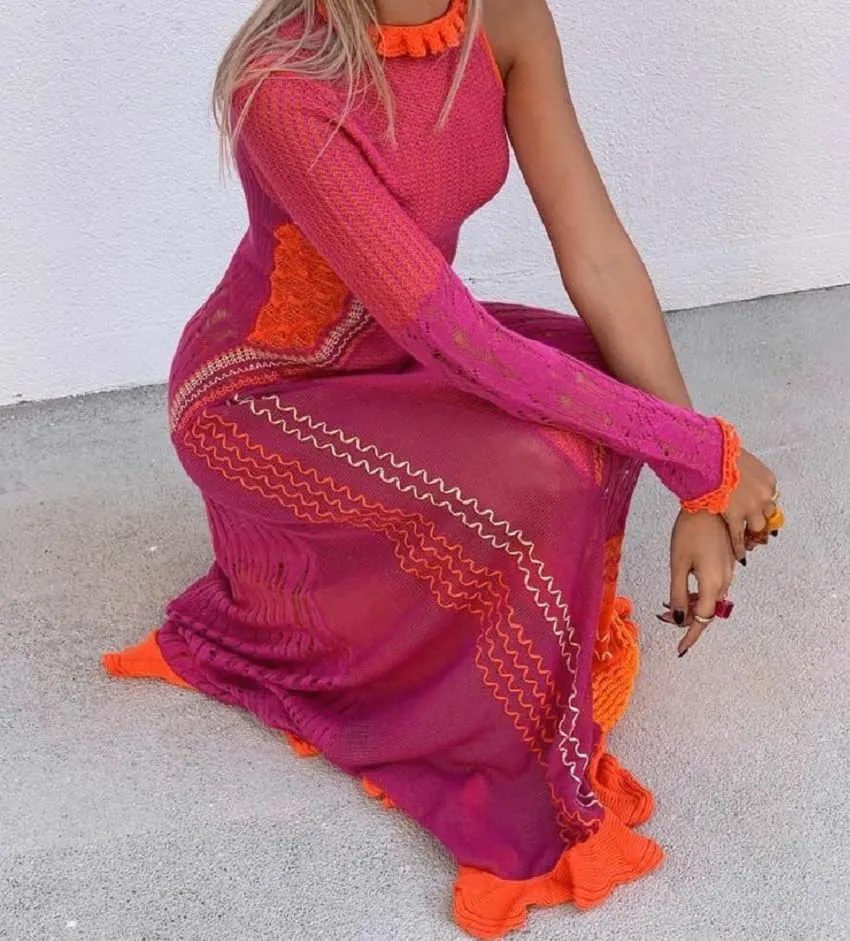 FashionSierra - 2024 Knitted Hollow Out Tassel Sexy Ruched Halter Boho Dress