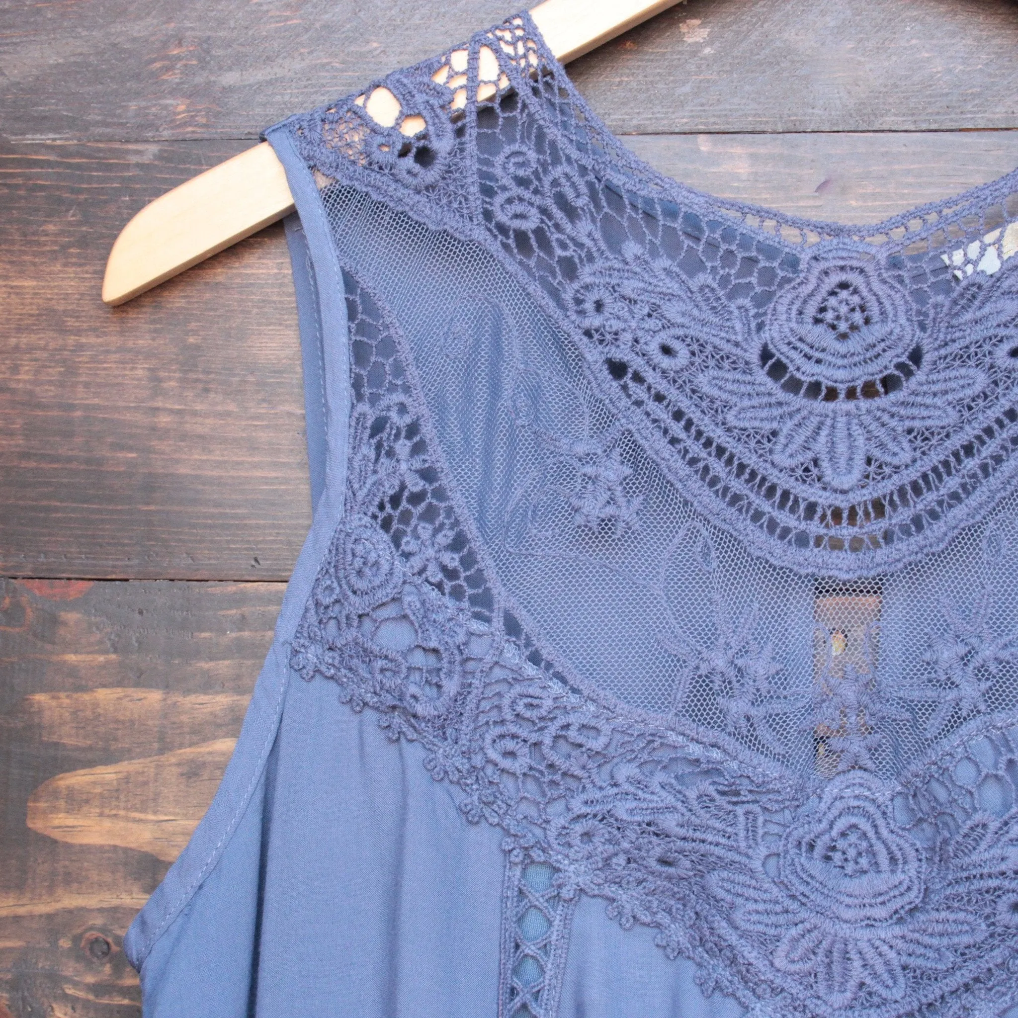 Final Sale - Boho Crochet Lace Dress in Slate Blue