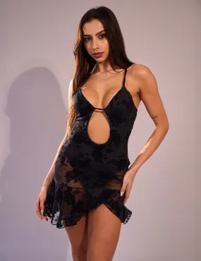 Floral Dipped Front Frill Detail Mini Dress Black