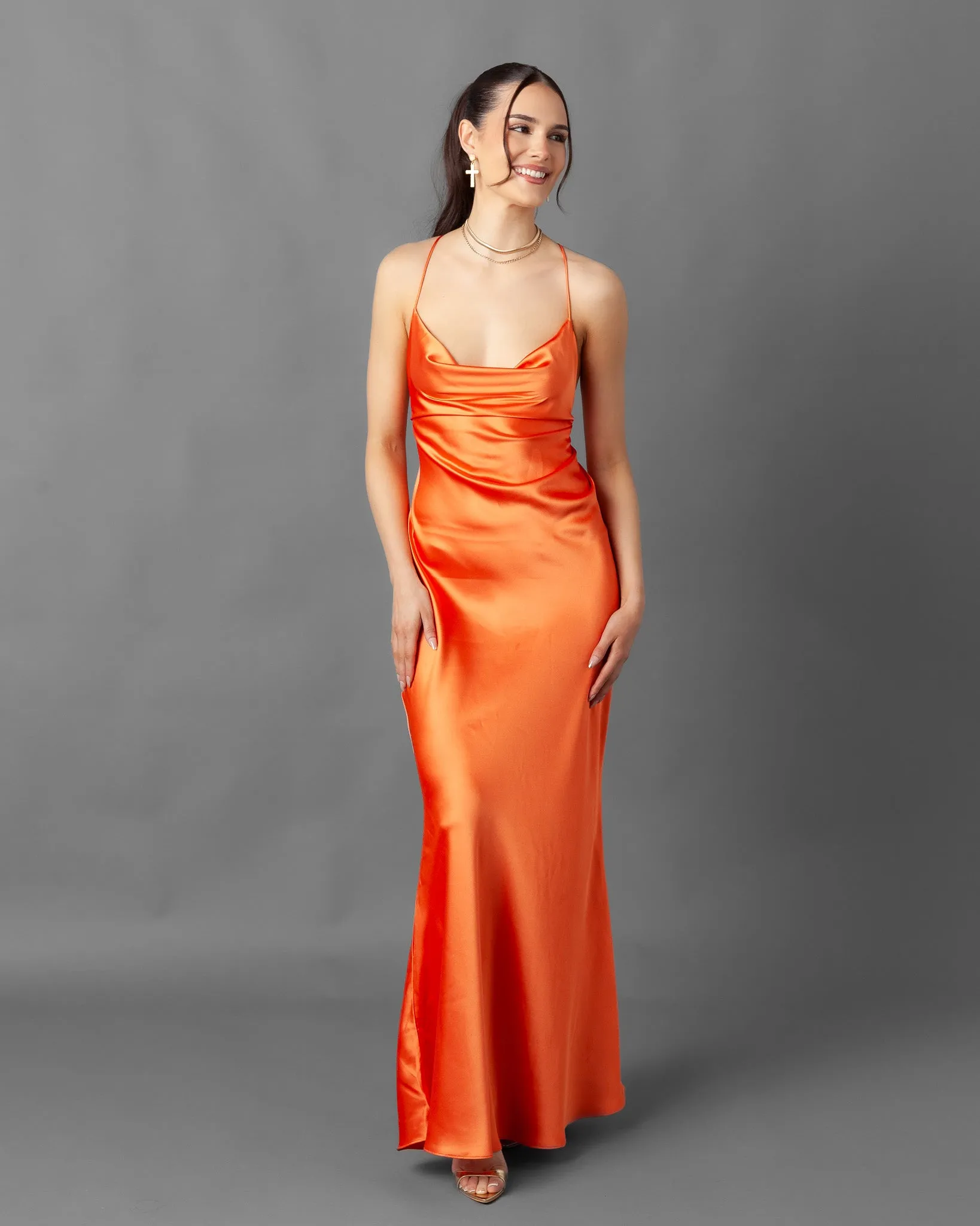 Gosau Orange Satin Chain Back Dress