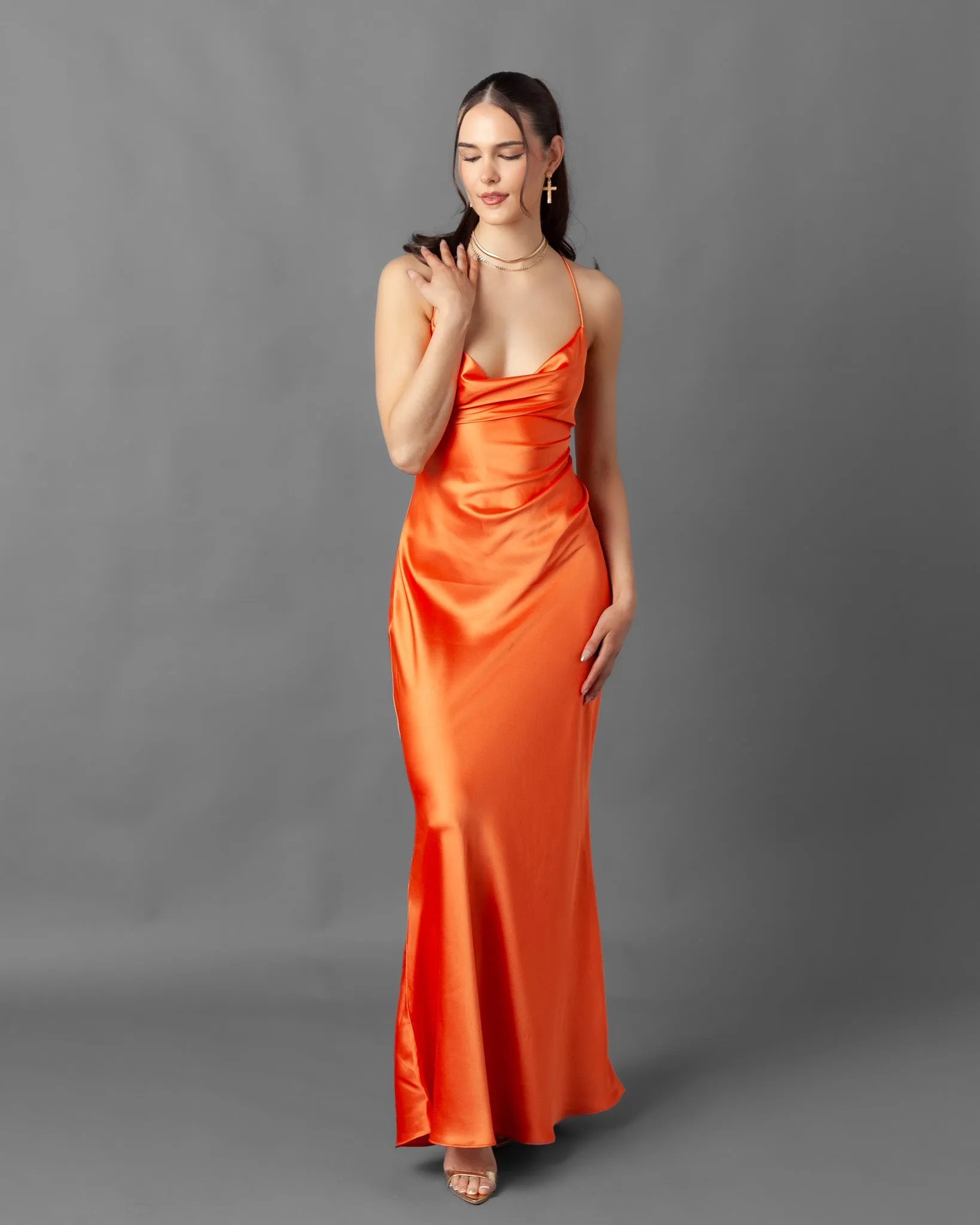 Gosau Orange Satin Chain Back Dress