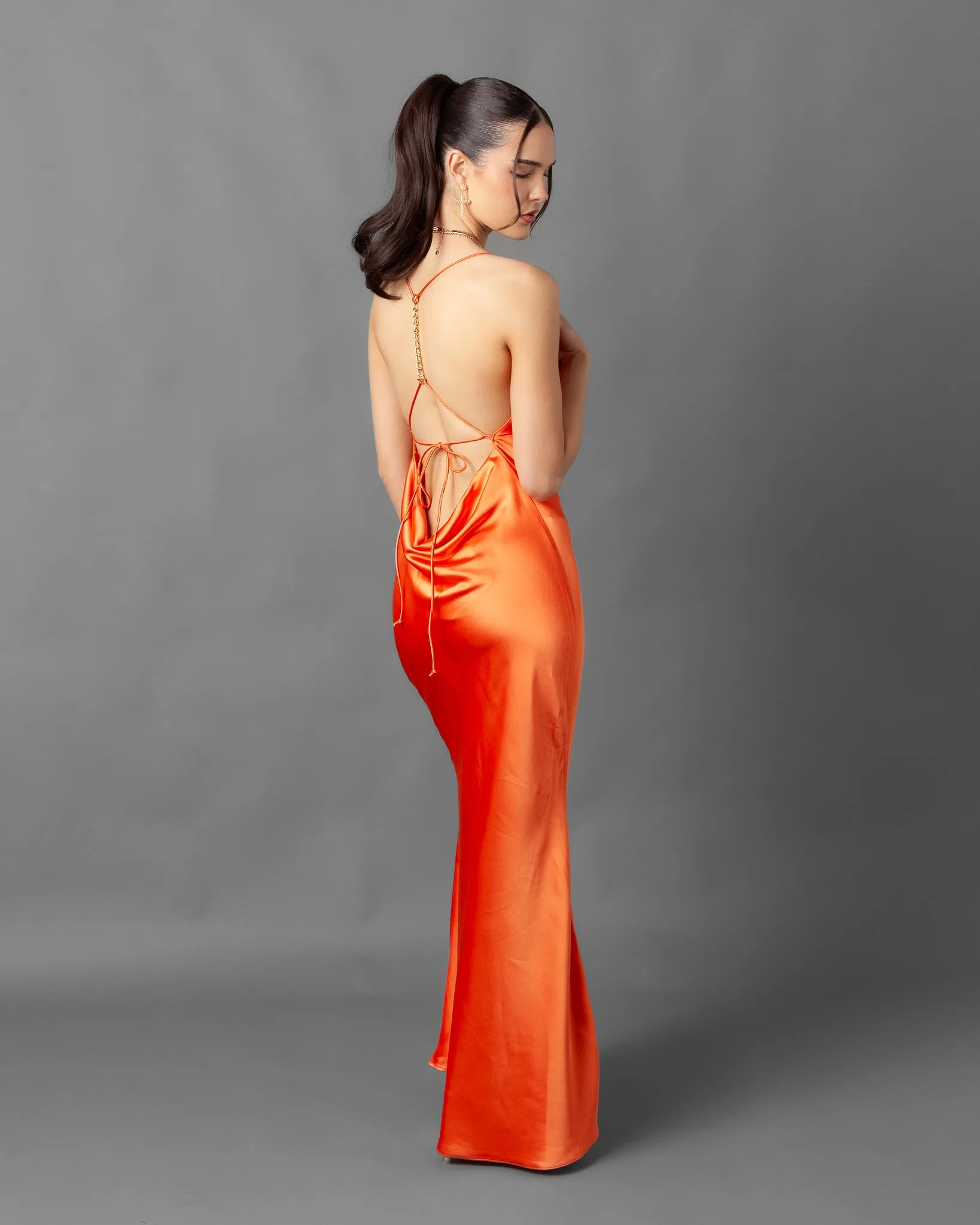 Gosau Orange Satin Chain Back Dress