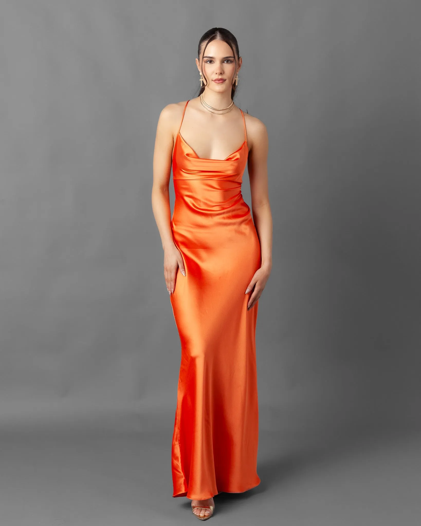 Gosau Orange Satin Chain Back Dress