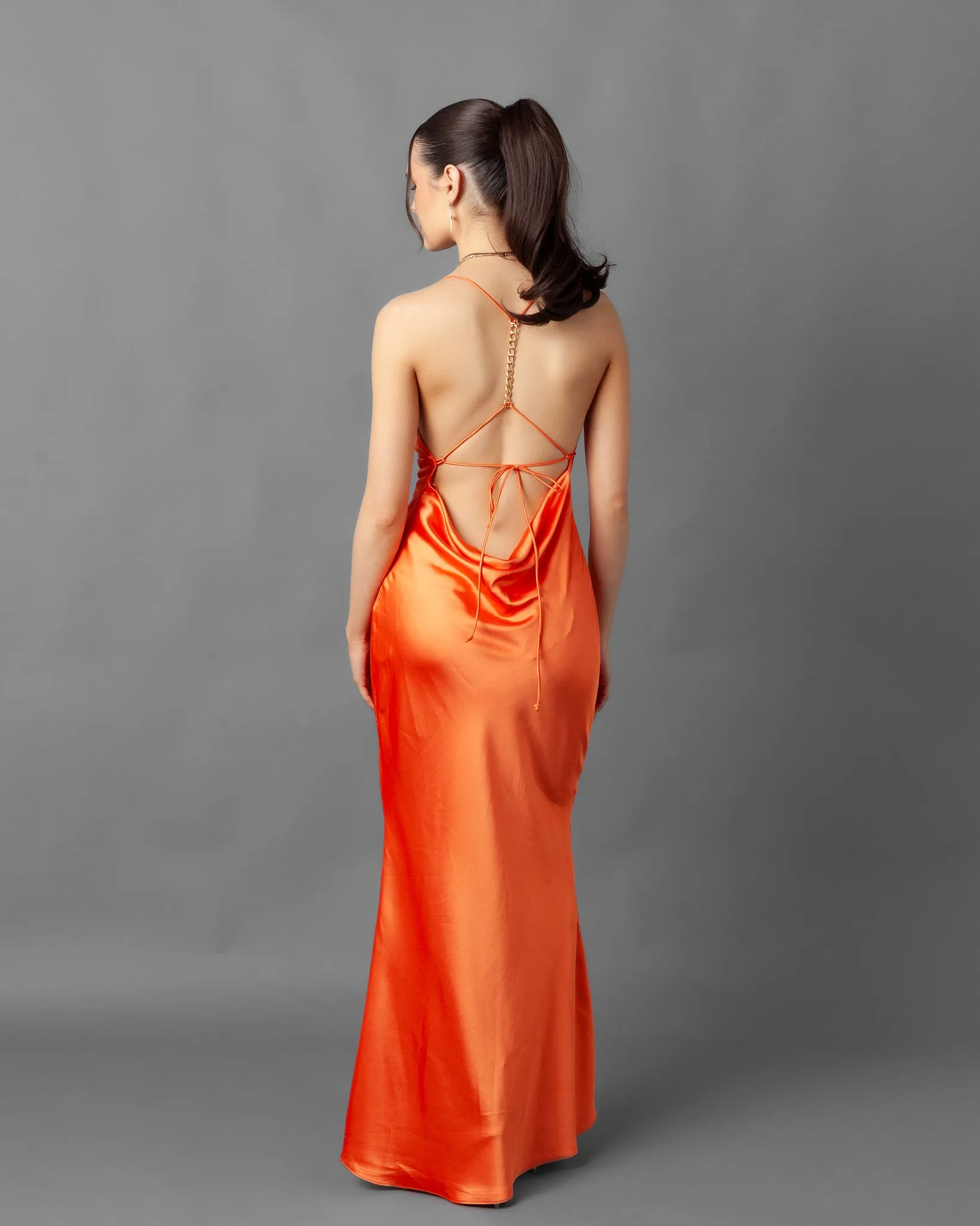 Gosau Orange Satin Chain Back Dress