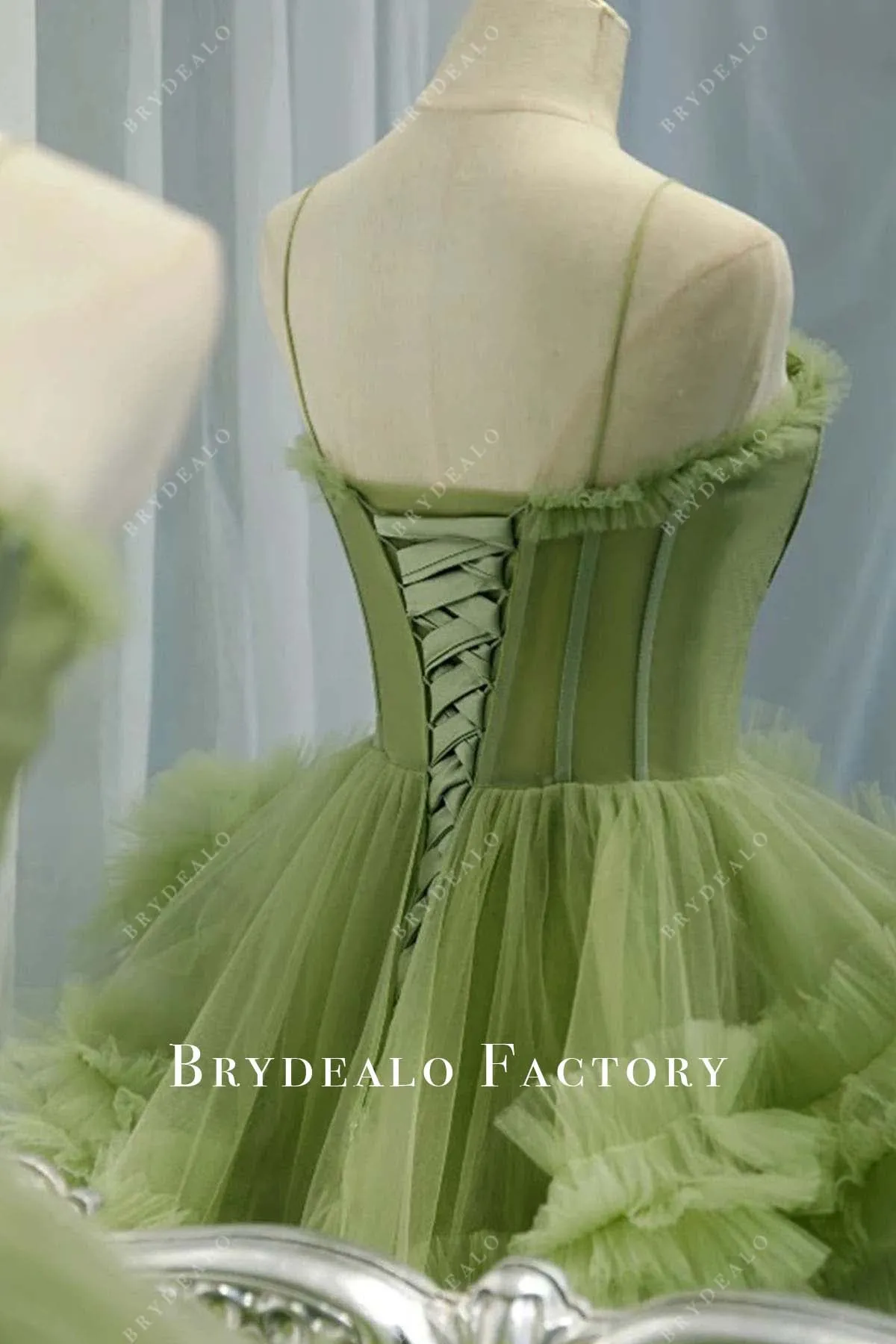 Green Tiered Tulle A-Line Long Train Prom Dress