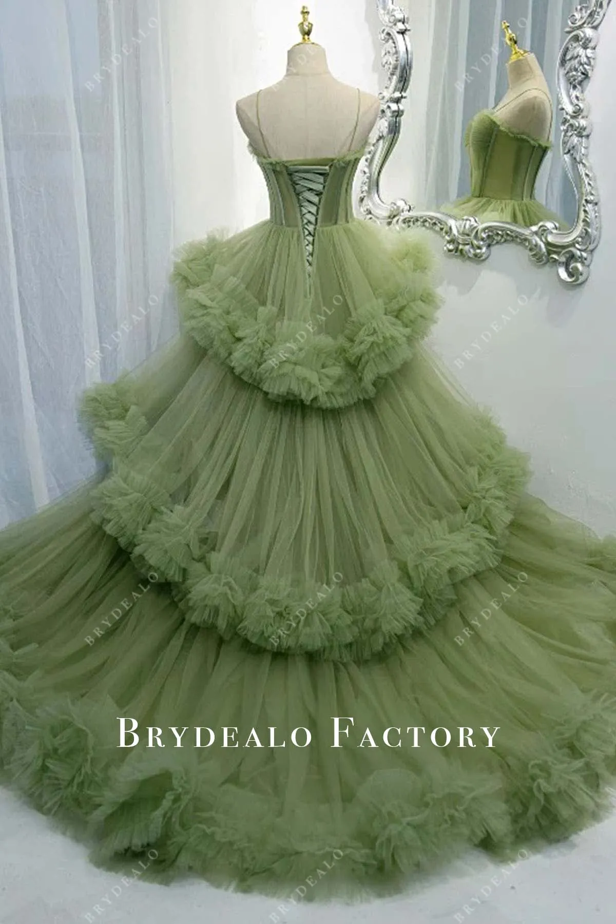 Green Tiered Tulle A-Line Long Train Prom Dress