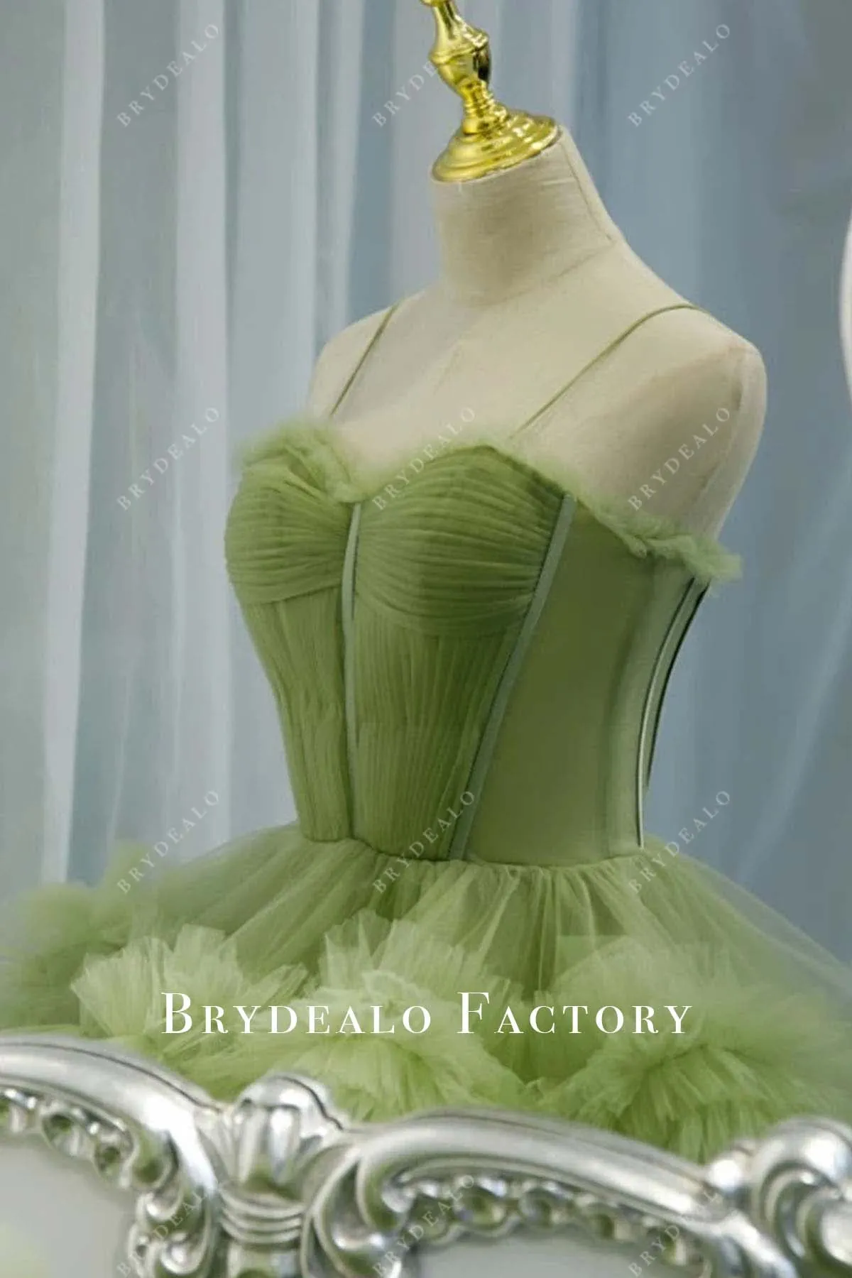 Green Tiered Tulle A-Line Long Train Prom Dress