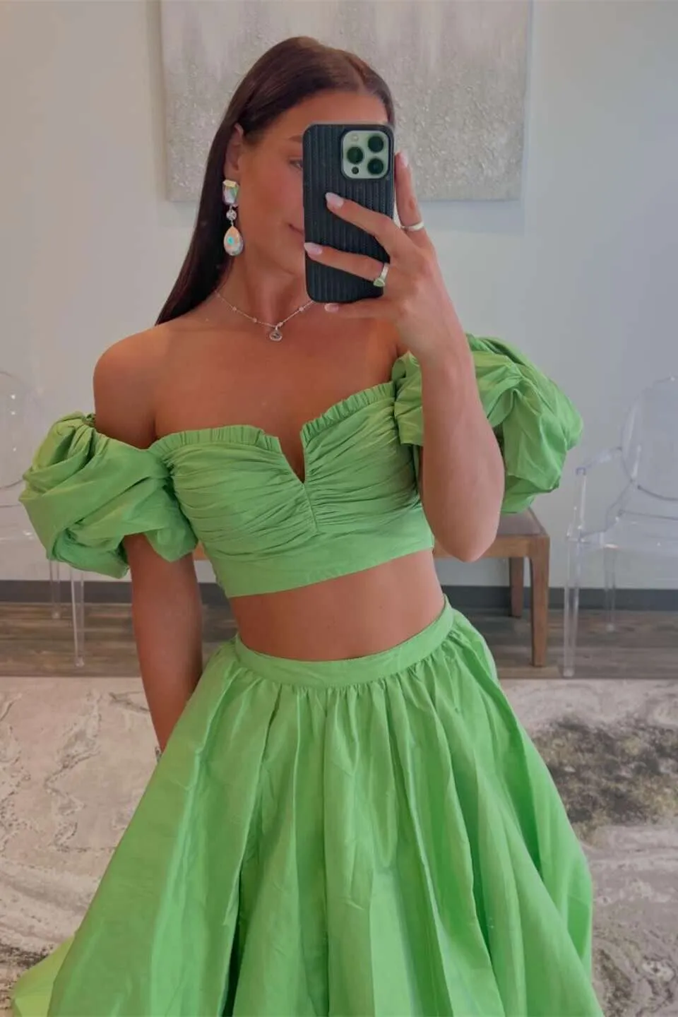 Green Two-Piece Puff Sleeves Satin Long Prom Dress With Split