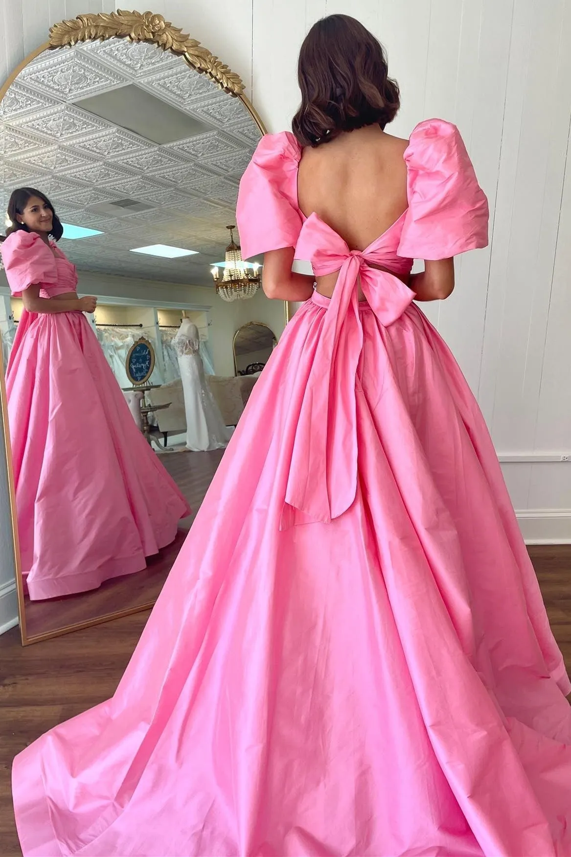 Green Two-Piece Puff Sleeves Satin Long Prom Dress With Split